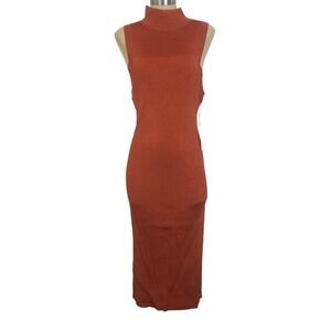 NWT Good American Ribbed Sleeveless Mock Neck Midi Dress Rust Orange Bodycon 5/6